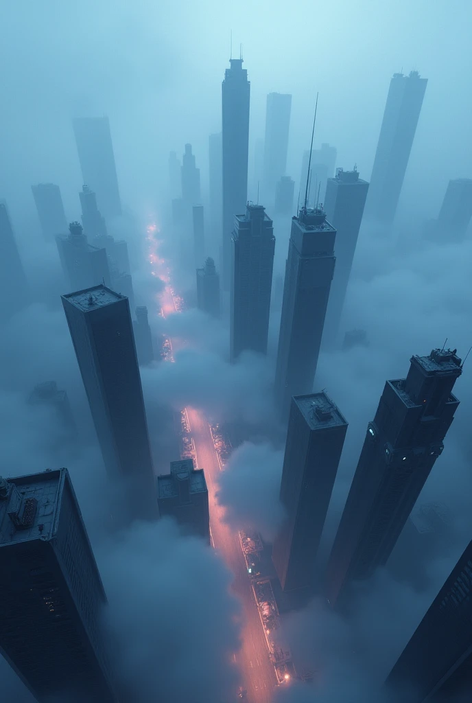 Anime-style image of a city with fog from above 