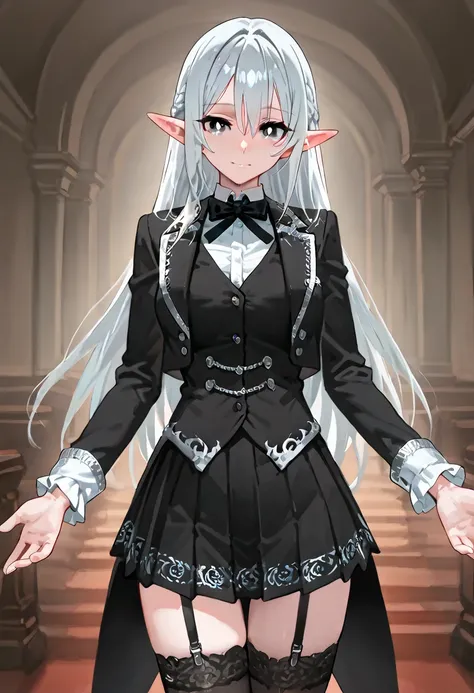  high resolution, best quality,Noble Elf Girl , human girl with gray eyes and white pupils,Skinny girl , long silver hair,A girl in a formal black tailcoat , wearing a black vest under a black tailcoat,Ribbon tie, black pleated skirt with silver embroidery...