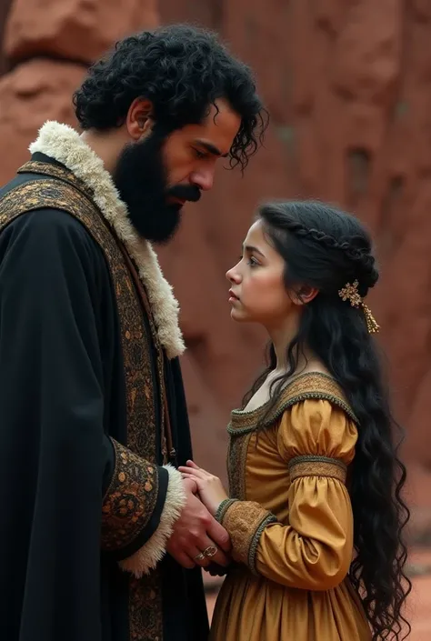 A statesman, With black short hair and a short full beard, a young girl faces.  The man is sad and holds the hand of one of the girls.  She has long, dark and curly hair. Both are dressed as if they were in the sixteenth century. A red rock can be seen in ...