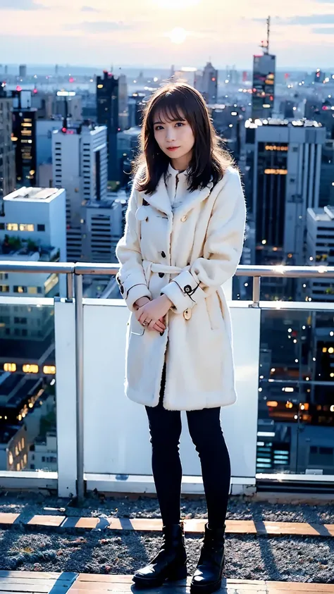  confident young woman ,  black shorthair , Standing on a rooftop at dusk , ( front view,  FULL BODY SHOT, Central composition ),   wide angle shot ,  Standing on the rooftop of a woman defecating through the cityscape of,  more details,  dramatic lighting...