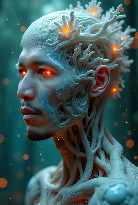 Front view representation close up full body male human looking straight at camera In a colorful misty, moonlit forest, 3d rendering, artistic anatomical render, ultra quality, male human body colorful gelatinous liquid fractals who had hair made of detail...