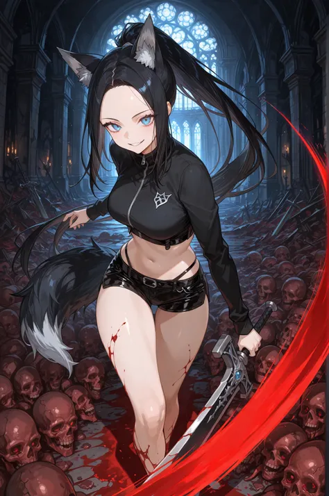 1girl, wolf girl, (((slashing viewer))), sadistic smile, sharp, empty, blue eyes, ((forehead)), black hair, very long hair, straight hair, ponytail, medium breasts, light tan skin, curvy, cool, beautiful, wolf ears, tail, long sleeves, black crop-top sweat...