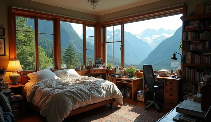 A fully packed and cozy bedroom with multiple windows of different shapes and sizes, each positioned to offer unique views of majestic natural landscapes, including towering mountains, lush valleys, and forests up close. The room has a regular flat ceiling...