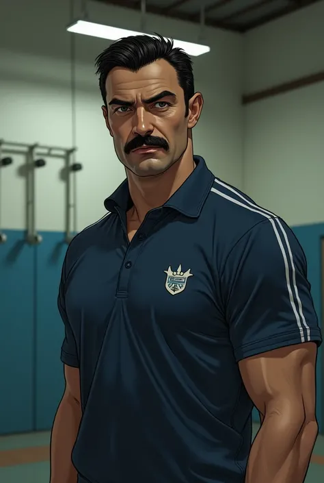 Sports teacher with Clare-Gable moustache and short black hair from the book EVIL the Evil by Jan Guillou. It should be the teacher from Stjärnberg 