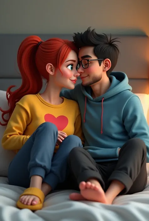 Create image in 3D and photorealistic woman red hair with ponytail and green eyes T-shirt yellow with heart sweatpants dark with slippers and man with dark short hair glasses blue hoodie and black sweatpants slippers both sitting in bed hugging and kissing...