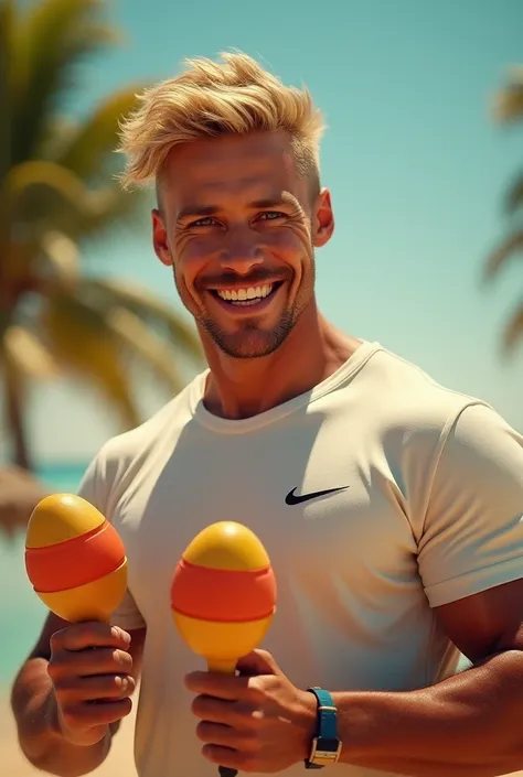 Handsome man thick short hair dyed blonde big teeth tan skin with Nike t-shirt and maracas on his hands 