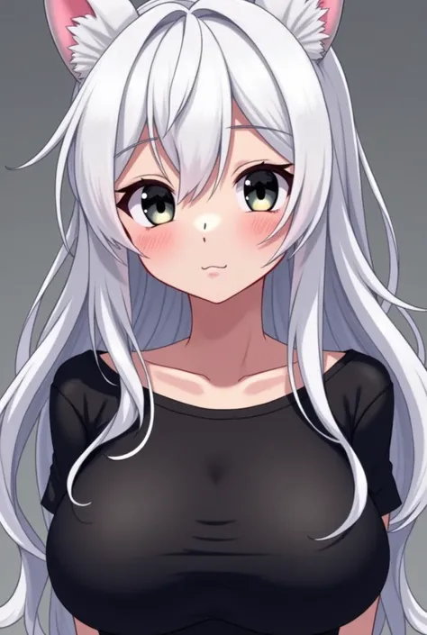  Create an anime girl  , white hair, black eyes ,big breasts  , shirt black BOXDROP ,4k quality 