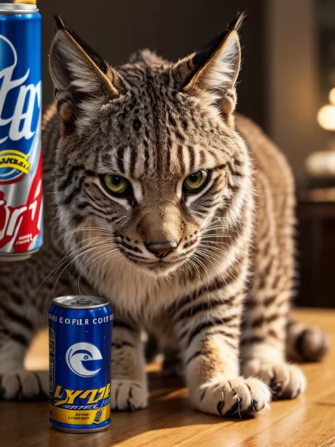 An angry Lynx and kittens with green RC Cola cans, RC Cola advertising, RC Cola merchandising,extremely detailed Lynx,photorealistic,highly detailed,8K,masterpiece,vivid colors,beautiful lighting,dynamic composition,cinematic,editorial,product photograph
