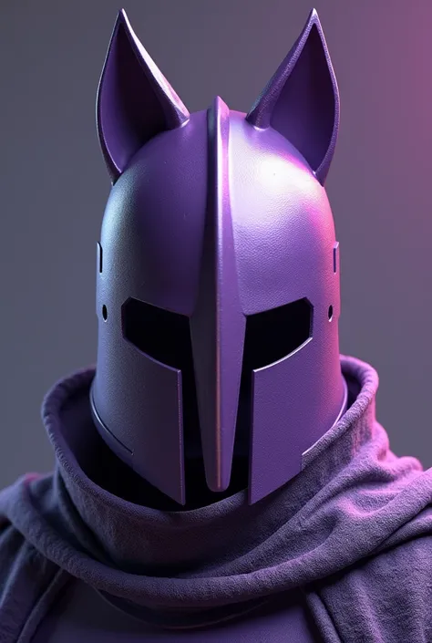 A traditional purple visored barbuta knight helmet with cat ears ontop and a twitch logo behind it 