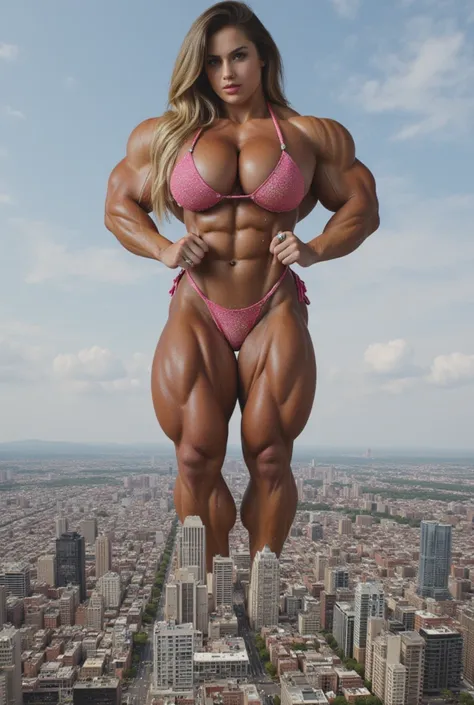 19 years old IFBB bodybuilder girl, posing glitters bikini, masterpiece, best quallity, 4K, 8K, long hair, she walks over city, giantess, GTS, crushing building under her body to dust, dust, destruction, she is 999999 meters tall, giga giantess, crushing b...