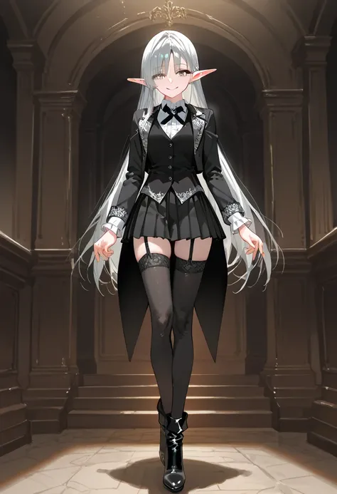  high resolution, best quality,Noble Elf Girl , human girl with gray eyes and white pupils,Skinny girl , silver hair straight long hair ,A girl in a formal black tailcoat , wearing a black vest under a black tailcoat,Ribbon tie, black pleated skirt with si...