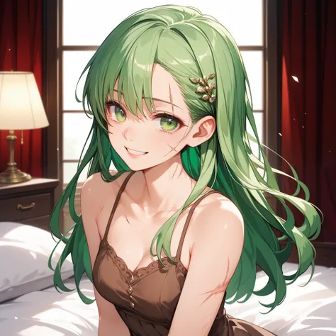 4k anime style, Smooth anime CG, 8k anime, Best quality, High resolution,Superdetail,Perfect light,ager Anime, Long hair,emerald green hair, Close eyes, medium chest, Beautiful waist,scars, burn scars, brown dress, sundress, upper body, tear drop on her fa...