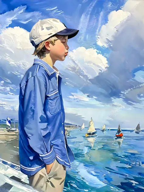 (masterpiece, top quality, best quality, official art, beautiful and aesthetic:1.2), watercraft, ocean, boat, traditional media, bird, multiple boys, water, outdoors, male focus, painting \(medium\), seagull, waves, cloud, sitting, ship, watercolor \(mediu...