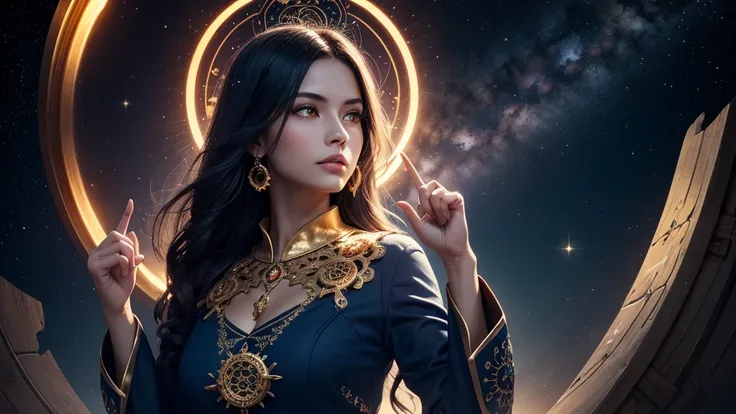 A woman with striking blue skin and glowing yellow eyes, positioned centrally. She has her index finger placed on her lips in a 'shushing' gesture. Surrounding her is an intricate circular design, emanating a radiant golden light. The design includes vario...