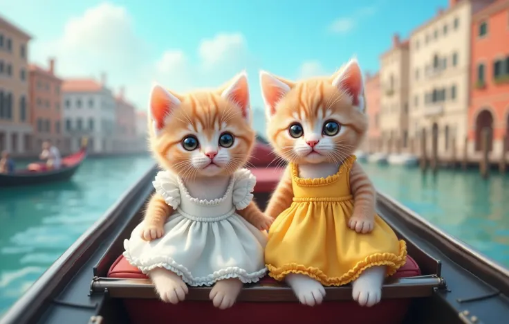  a baby cat drawn in size 25, 2 adorable baby cats , Kitten wearing a white summer dress , Kitten wearing a yellow summer dress, kitten riding a gondola and being swayed by the river, blue sky,Detailed and realistic fur ,Venice background,Realistic cat sta...