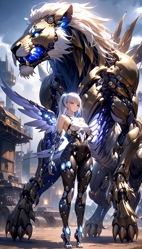  CyberChimera。Machine Girl。 Beautiful Girl。Steel Body 。 Cyber。lion。Serpent's Head、Both wings。 monster 。 mechanization。 metal skin。Horse body。Heavy machinery。Fierce Beast Claw 。Chimera。 on all fours