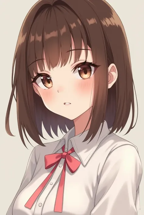 A human anime with the Wolfcut long haircut with straight bangs, brown eyes medium breasts with a white blouse with a baby pink bow on the blouse 