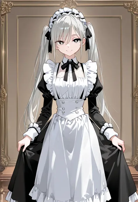  high resolution, best quality,Aristocratic Girl, human girl with gray eyes and white pupils,Skinny girl ,Silver-haired twin tails that extend to the waist , maid clothes,Ribbon tie, black long skirt with a white apron,smile,
