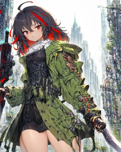  best quality,A perfect masterpiece,((perfect artwork)),16k, 1 girl, Black hair,(((highlights hair,Red streaked hair))),short hair, (((crossed bangs))),((field jacket)),((middle skirt)).((city with green skyscrapers covered in plants)),standing,cool, 20th ...