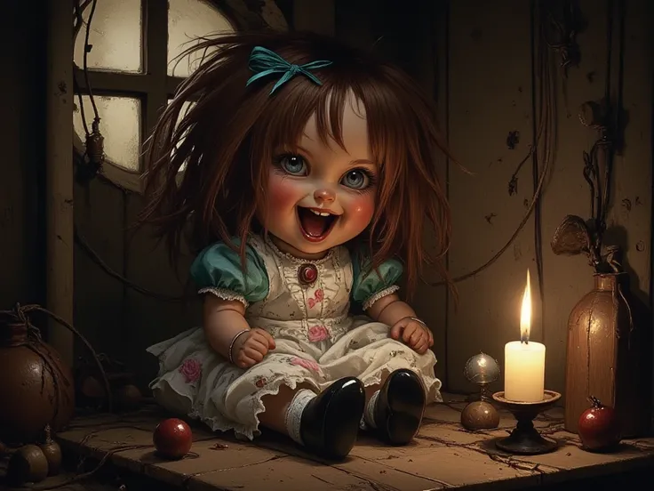 [cinematic style)  maximum resolution .The doll laughs , has an expressive face with bright eyes and a wide smile ,  radiating joy and mischief .  Her curly brown hair falls into soft tufts ,  adorned with a turquoise ribbon .  She wears a vintage floral d...