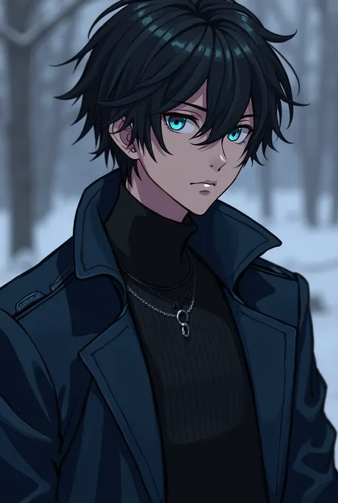 create a anime boy age 17 right eye is dark blue left eye is dark grey cold eyes hair blacker than the night messy hair most handsome guy V shaped back muscles body between cut and bulk veiny neck and hands perfect jaw line right hand 5 fingers serious exp...