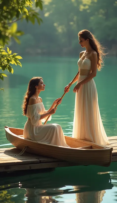 A very beautiful woman sitting in a boat parked near a jetty is offered a paddle by another very beautiful woman on the jetty.