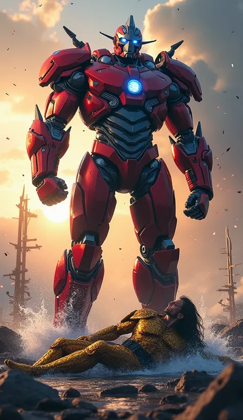 "A highly detailed digital illustration of a towering, heroic robot leader adorned with red and blue metallic armor, standing triumphantly in a dynamic pose. The robot features intricate mechanical details, glowing blue lights, and spiked enhancements on i...