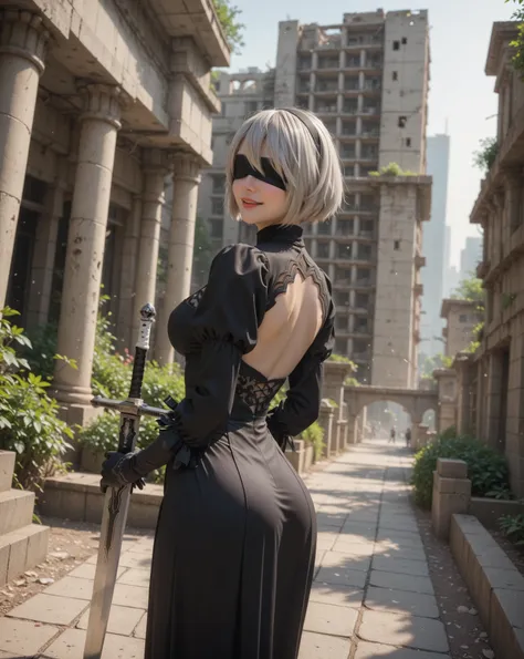   1 adult female only  , 2b, Nier:Automata,   very detailed,   high resolution,   absurd,   high resolution,   gray hair,     blindfolded  ,   so beautiful, Ruins of a Future City,   Black clothes    ,,  Long Sword  ,  angle 、３ head and torso deformed  、  ...