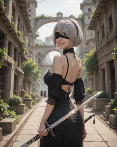   1 adult female only  , 2b, Nier:Automata,   very detailed,   high resolution,   absurd,   high resolution,   gray hair,     blindfolded  ,   so beautiful, Ruins of a Future City,   Black clothes    ,,  Long Sword  ,  angle 、３ head and torso deformed  、  ...