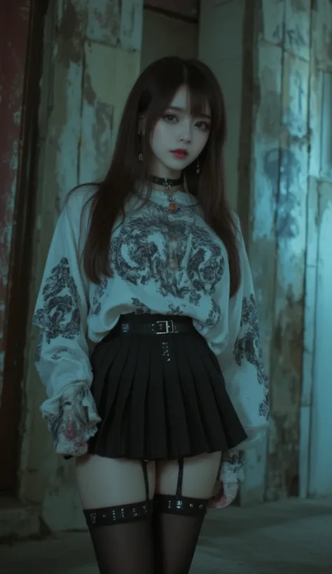 32k, Masterpiece, top quality, ( Korea's Beautiful Woman) Close-up, eye-level,  long hair, bangs, large eyes, pale skin, soft features, oversized shirt, graphic print, black skirt, pleated, studded detailing, thigh-high stockings, straps, buckles, choker n...