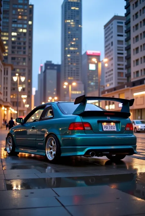 Create a cool, state-of-the-art drift car based on the 1996-2001((( Honda Civic VI coupe))), demonstrating ((modern drift tuning)). The car should have an understated fit, aggressive body kit, wide fenders, (turned-out wheels) and (cast silver sparkling al...