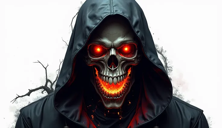 a close up of a skull with a hood and a cape, flaming grim reaper, beautiful male god of death, ghost rider, fiery skull contemplating life, glowing red skull, grim reaper, the grim reaper, 8 k highly detailed ❤🔥 🔥 💀 🤖 🚀, flaming skull, the king of death, ...