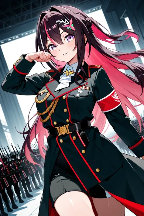 ( 1girl , AZKi(Hololive), , Army Black Uniform, , Army Commanders,  long coat , sexy pose) , sexy, dynamic angle, 