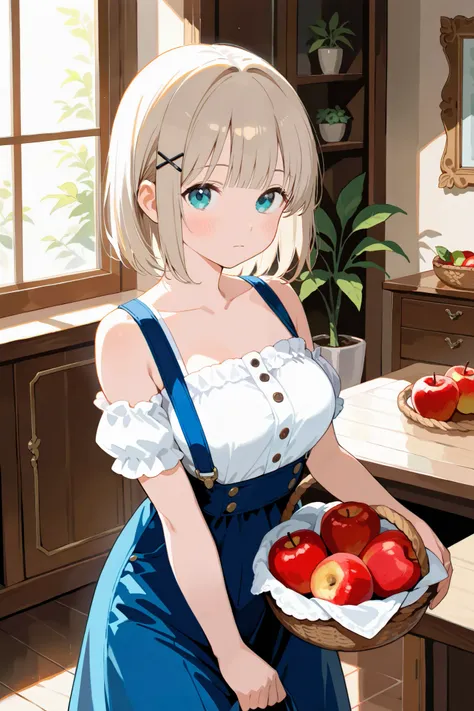 masterpiece, best quality, absurdres, very aesthetic, general, 1girl, solo, hair ornament, looking at viewer, indoors, short hair, hairclip, blue eyes, window, blush, bare shoulders, bangs, plant, closed mouth, basket, collarbone, off shoulder, white shirt...