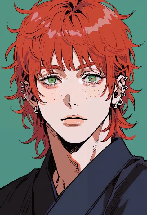 handsome young man, modern clotches, looking at viewer, ear piercings, green eyes, keen eyes, bangs, red hair, messy hair, freckles on the face BREAK score_9, score_8_up, score_7_up simple background