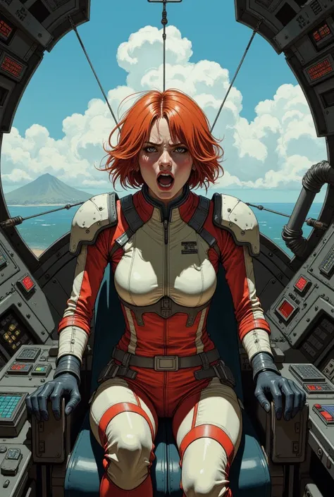  absurd resolution,  high resolution, ( masterpiece : 1.4), hyper-detailed, 1 young woman,  red short hair ,  pilot suit , Rich princess ,  sitting in an extremely narrow and closed mecha control room, expression effrayée pleurs bouche ouverte appel (1.3),...