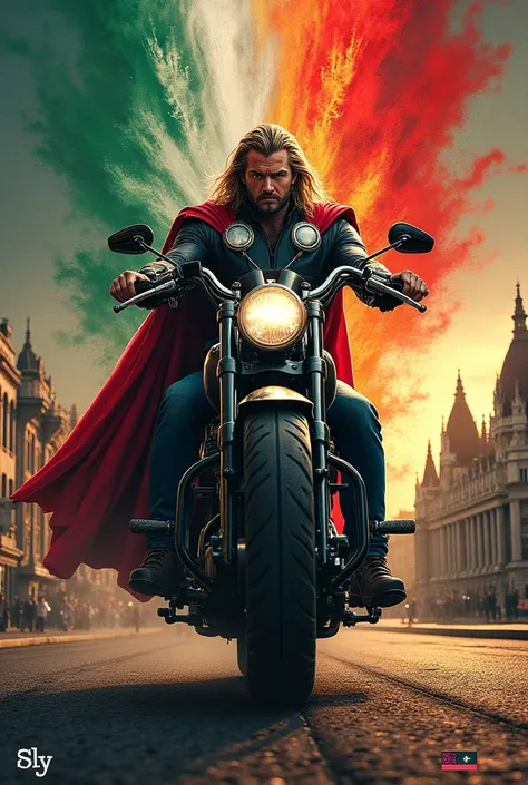 Create Thor in a powerful Harley Davison with the 3 primary colors while the neck is full of rays falling to the ground in the city of Budapest and in the lower left corner the text Sly, the Mexican flag and the numbers 7746.