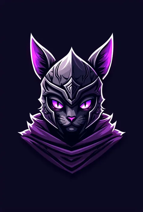 A twitch logo for a streamer named the Knightcat using purple, black and white colours wearing a gorgeous helmet where only his ears poke through the top 