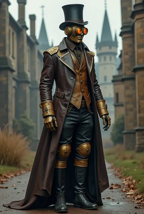 Steampunk, Victorian robot, 18th century robot, goggles, gold and brown metal robot, metal top hat, leather sports jacket, black flintlock, tuffrider boots, gohic castle background, gothic castles background, full body, full body image, full body view