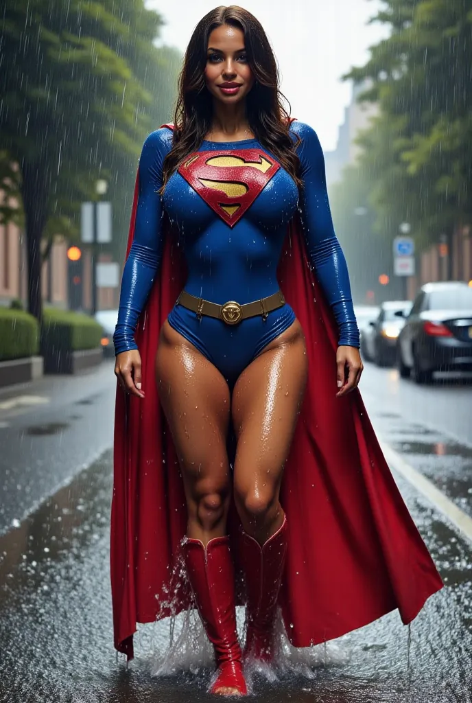  A VERY SEXY BLUE EYED, BLACK AFRICAN YOUNG  FEMALE WEARING A SUPERGIRL COSTUME AND CAPE. SUPERGIRL CLOTHES. SOAKING WET FROM THE RAIN OUTSIDE JOGGINGG. COMPLETELY SOAKED AND WET.4K, 8K. COMEPLETE TOP TO BOTTOM VIEW. HAIR AND CLOTHESB AND CAPE DRENCHED IN ...