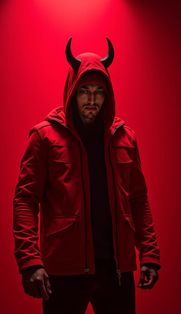 arafed man in a red jacket with horns on his head, red hood cosplay, all red, red and cinematic lighting, wearing a scarlet hoodie, red suit, red hoods, wearing red jacket, wearing a red hoodie, red jacket, cinematic red lighting, cool red jacket, red and ...