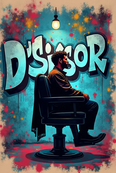 The graffiti logo image says D'SCISOR HAIR STUDIO, contains an elegant and cool colored graffiti theme, in the image there is a barbershop chair and a person shaving their hair.