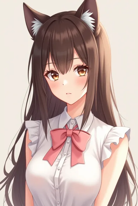 A human anime with long brown hair with the Wolfcut long haircut with straight bangs, dark brown eyes medium breasts with a white blouse with a baby pink bow on the blouse 