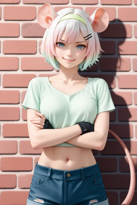 1girl, against wall, arms crossed, black gloves, breasts, brick wall, collarbone, denim, fingerless gloves, gradient hair, hair ornament, hairclip, long sleeves, looking at viewer, light green hairband, hair ribbon, light green hairclip, light green shirt,...