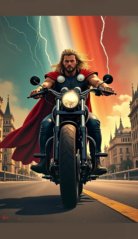 Create Thor in a powerful Harley Davison with the 3 primary colors while the sky is full of rays falling to the earth in the city of Budapest and in the lower left corner the text Sly,🇲🇽 7746