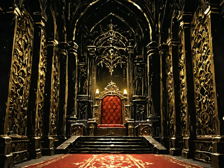 Throne room, dark castle, yellow dim lighting, intimidating, no person, background