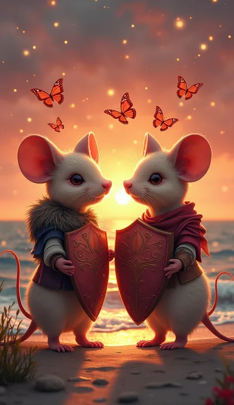 

"A male and female mouse, both wearing beautifully painted shields, standing by the seaside. The sky is a soft red hue, and stars are falling like rain, creating a breathtaking scene. The female mouse is surrounded by several colorful butterflies, their ...