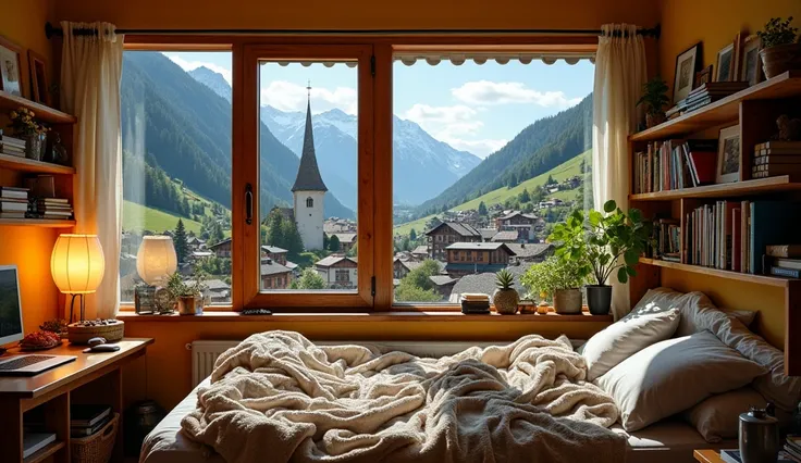 A fully packed and cozy bedroom with multiple windows of different shapes and sizes, each positioned to offer breathtaking views of a Swiss village nestled in a picturesque valley far below. Through the windows, you can see the entire village spread out li...