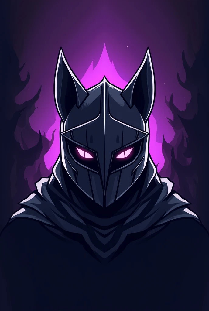 A twitch logo for a streamer named the Knightcat using purple, black and white colours with an inspiration from the crusaders and a full face helmet with only his black and white ears showing