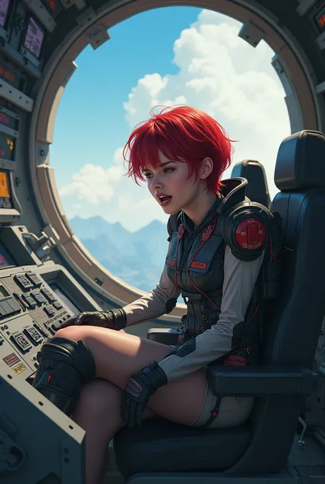  absurd resolution,  high resolution, ( masterpiece : 1.4), hyper-detailed, 1 young woman,  red short hair ,  pilot suit , Rich princess ,  sitting in an extremely narrow and closed mecha control room, expression effrayée pleurs bouche ouverte appel (1.3),...